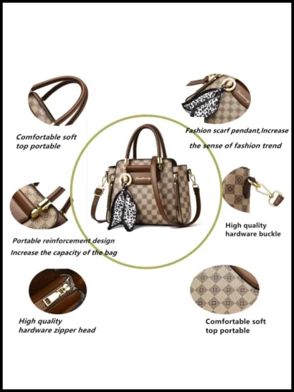 PU Leather Hobo Satchel Purse with Detachable Straps Plaid